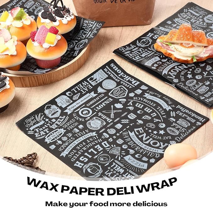 Outus 600 Pcs 10 x 10 Inch Deli Wax Paper Sheets Grease Resistant Tray Basket Liners Newsprint Paper Water and Grease Proof Sandwich Wrapping Square Hot Dog Wrappers for Food Baking (Black)