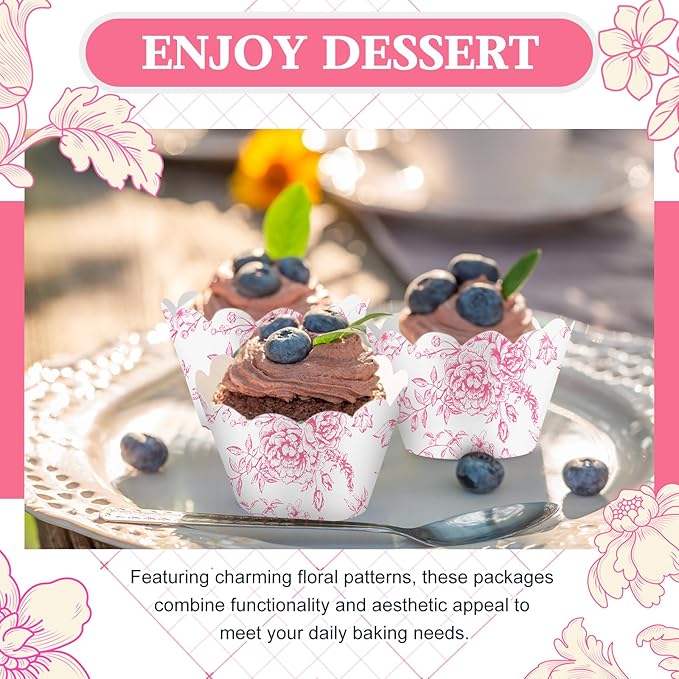 Domensi 100 Pcs Pink Floral Cupcake Wrappers Rustic Cupcake Liners Pink Baking Cups Flower Baking Liners for Wedding Bridal Baby Shower Birthday Party Supplies Dessert Decoration