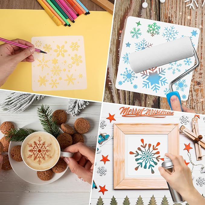 8 Pcs Christmas Snowflake Stencil Template, Reusable Plastic Drawing Painting Stencil Winter Holiday Templates Stencils for Window Glass Wall Door Card Scrapbook Notebook Holiday Xmas Snow Flake
