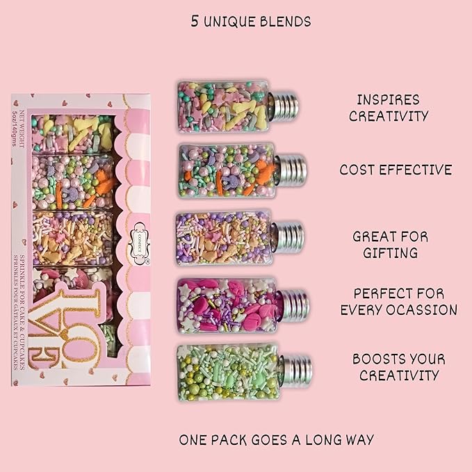 Confect Edible Sprinkles – Assorted 5-Pack | Easter & Baby Shower Cake Decorations | Green & Pink Sprinkles, Bunny Mix, Yellow & Gold Toppings | Vegan, Gluten-Free, Nut-Free, Soy-Free, Dairy-Free, Palm Oil-Free – 5 oz