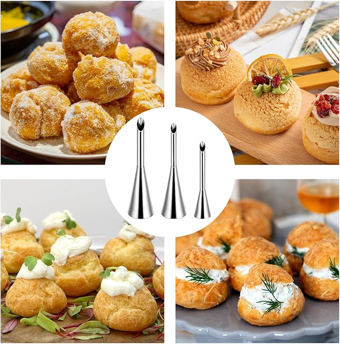 Puff Cupcake Filling Piping Tip Set, 50 Pcs Pastry Bags 3 Pcs Tips Stainless Steel Long Puff Nozzle Tip Disposable Clear Pipes Bag with 1 Piece Cleaning Brush for Birthday Wedding Christmas Donuts