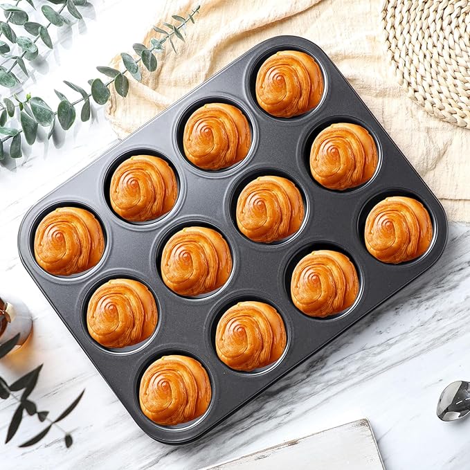 Muffin Pan 12 Cups Non-stick for Mini Cakes Tarts Biscuits Muffins Cupcakes Used by Stainless Steel (black)