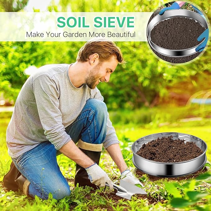 Soil Sifter for Gardening, Soil Sifter and Shovel Set, 11.8'' Stainless Steel Sand Sifter for Gardening, Dirt Sifter Strainer for Sand Rocks Dirt Seed Compost