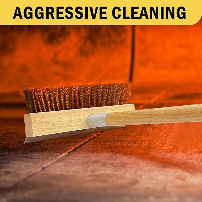 Pizza Oven Brush with Scraper,60-Inch Adjustable-Length Long Wood Handle Brass Bristles,Outdoor Pizza Oven Brush