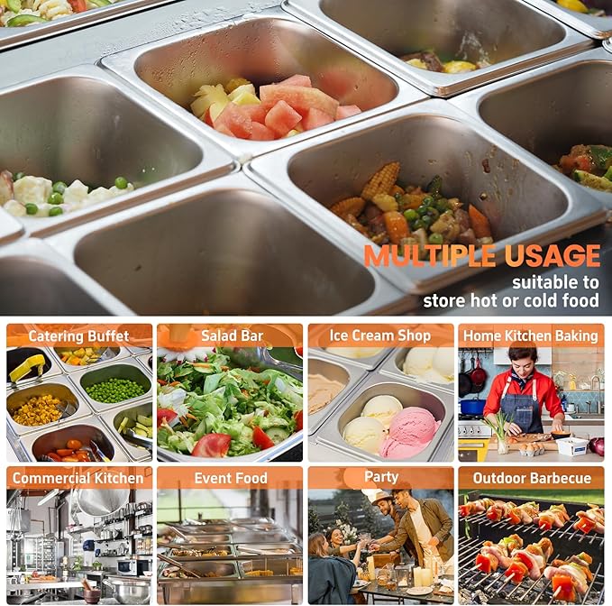 6 Pack Hotel Pans, 1/6 Size 4 Inch Deep Steam Table Pan, Stainless Steel Commercial Food Pan Anti Jam Steam Pan, Breading Trays for Hotel, Party, Buffet, Catering Supplies