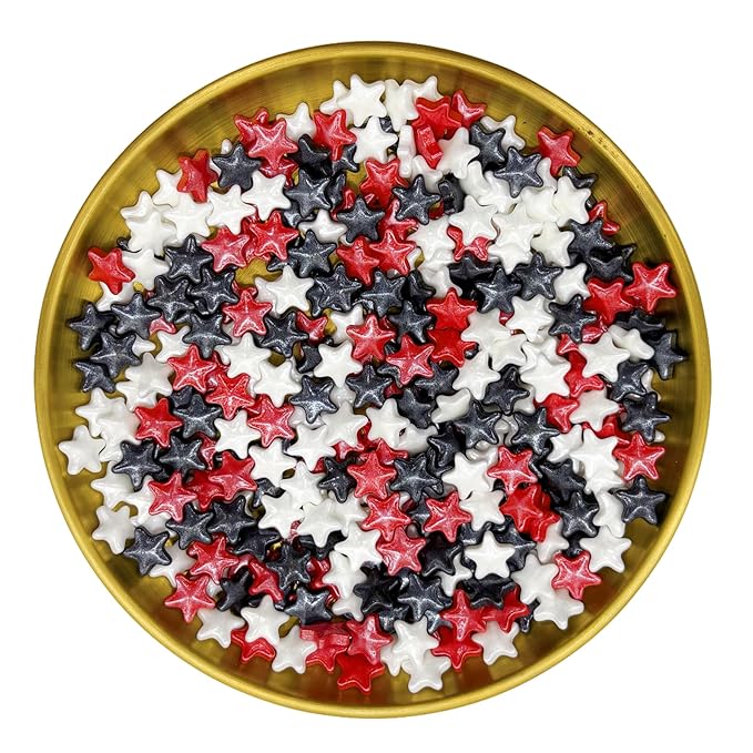Dynastang 10mm Red & Black & White Stars Sprinkles Edible Stars Cake Decorating Stars Cake Decorations Cupcake Toppers Cookie Decorating Perfect for Cakes, Cupcakes, Desserts Toppings 3OZ