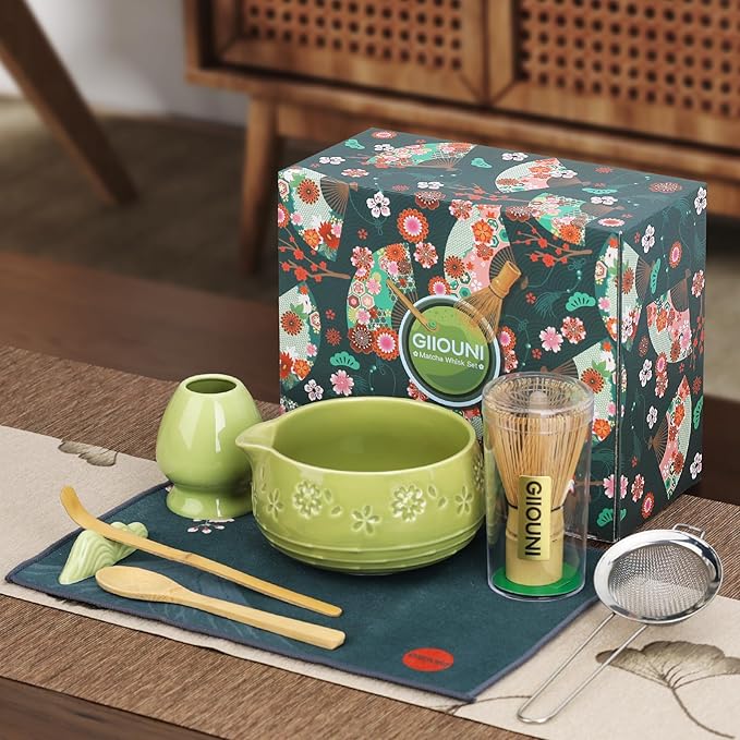 Matcha Whisk Tea Set: Ceramic Bowl with Spout, Bamboo Matcha Whisk & Spoon, Chasen Holder, Scoop Rest, Sifter, 8-Pcs Japanese Matcha Powder Kit–Gift for Ceremony & Matcha Lovers-Matcha Green