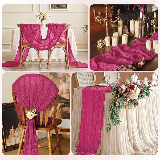 12 Pack Hot Pink Cheesecloth Table Runner 17x108 Inch Semi Sheer Boho Gauze Cheese Cloth Fabric Table Runners, for Wedding Party Baby Shower Birthday Home Decor Garden Farmhouse