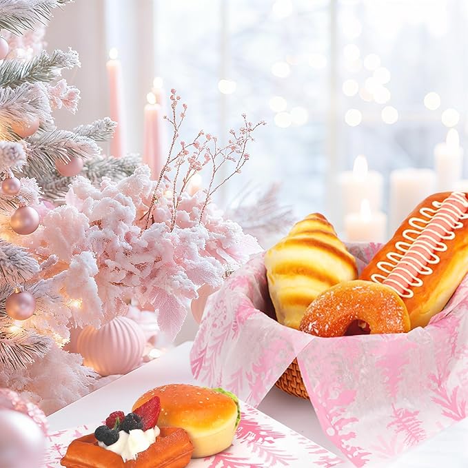 150Pcs Christmas Tree Deli Paper, 9.8 x 8.3'' Forest Grease Proof Food Deli Sheets, Resistant Sandwich Wrap Liners Greaseproof Food Wax Paper for Xmas Winter Party Supplies (Pink)
