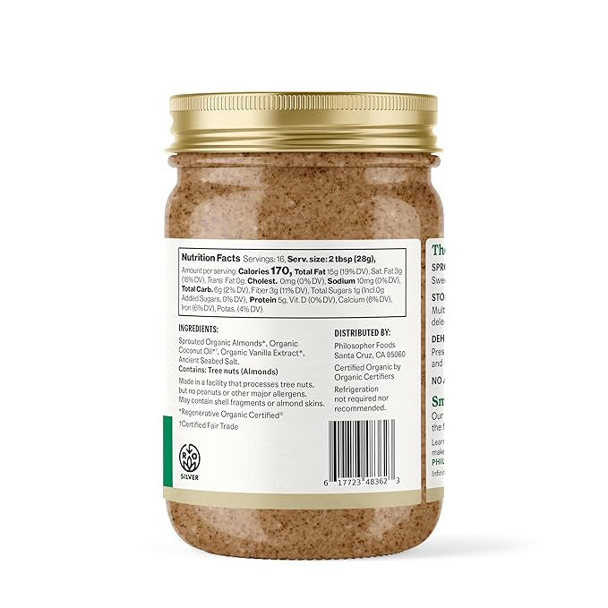 Philosopher Foods - Crunchy Alchemy Organic Sprouted Almond Nut Butter - 16 oz - Stone Ground Regenerative Organic Crunchy Almond Butter with Coconut Oil, Vanilla, and Ancient Seabed Salt