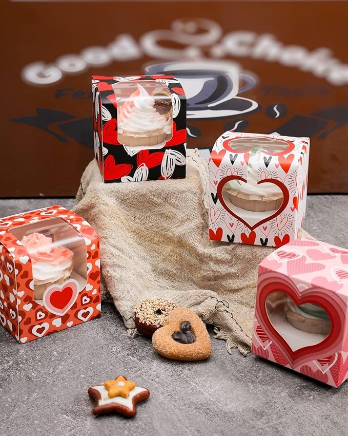 Bakepacker Vanlentine Auto-pop up Cupcake Boxes 30-Packs Vanlentine's Day Individual Cupcake Container 3.5" x 3.5" x 3.5" Single Cupcake Boxes
