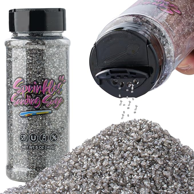 Sujoygar Silver Saning Sugar Sprinkles, 5oz Edible Silver Grey Sugar Crystals for Cocktails, Cake Sprinkles for Chocolate Ice Cream Toppings Cupcake Decoration Wedding Party Cookies Baking Dessert Food Supplies