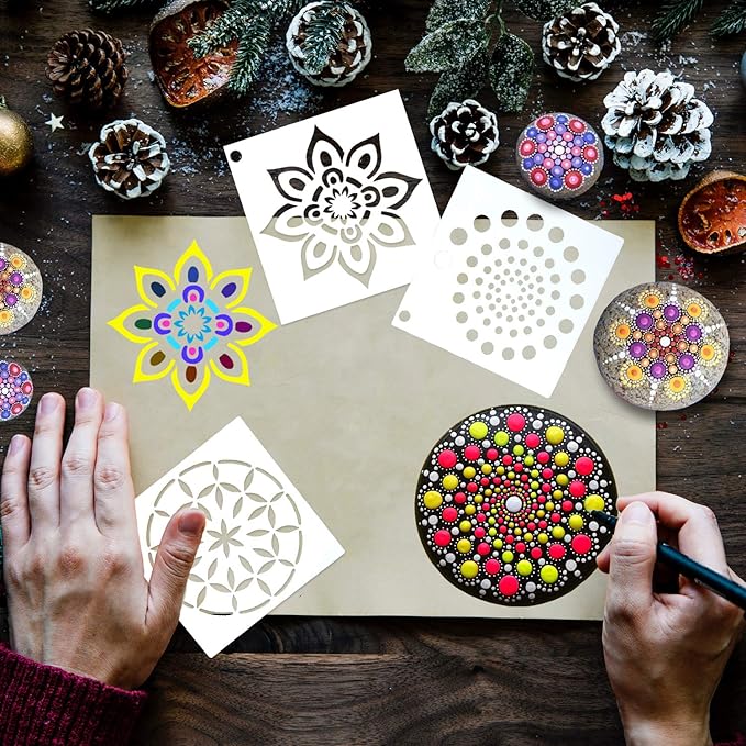 Augshy Mandala Stencils, 56 Pack Mandala Dot Painting Stencils for DIY Rock Art Projects on Wood Furniture Decoration (3.6x3.6 inch)