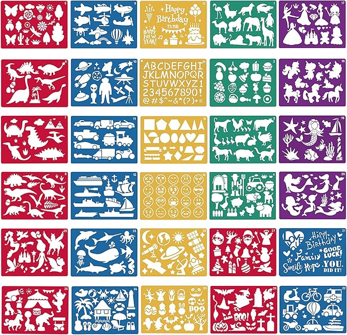 30 Pieces Drawing Stencils Set for Kids, Plastic Drawing Painting Stencil Templates for Kids Crafts School Art Projects, Journal Stencil with 400+ Images