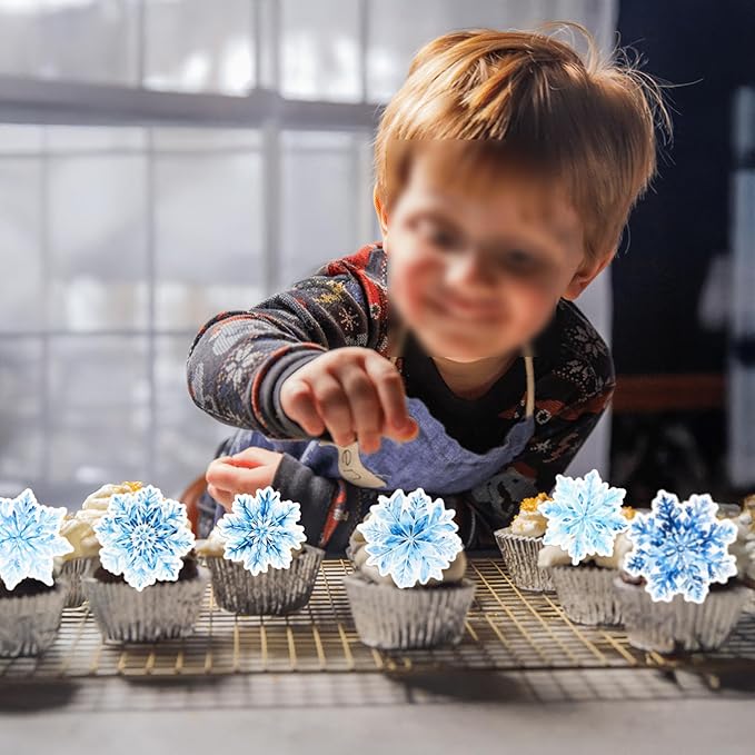 Gyufise 60Pcs Edible Snowflake Cupcake Toppers Winter Cupcake Picks Water Paper Winter Frozen Cake Decorations for Snowflake Theme Baby Shower Kids Birthday Party Supplies Multi Blue