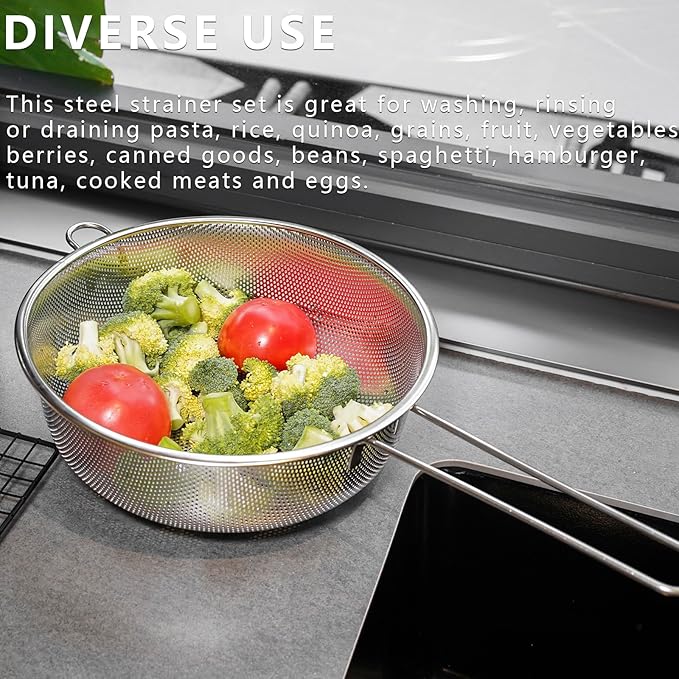 Metal Fine Mesh Strainer and Colander for Kitchen with Handle, Stainless Steel Pasta Strainer/Kitchen Funnel/Collander/Sifter for Strain/Wash Vegetables, Fruits, Spaghetti, Rice (8.6")