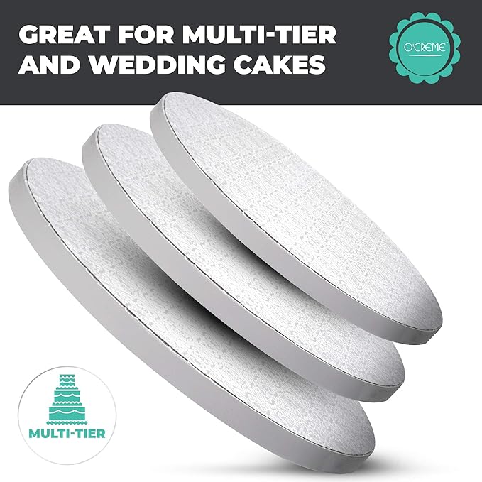 O'Creme White Round Cake Board with Gorgeous Design - Sturdy & Durable 1/2" Thick Drums, 14" Diameter - Pack of 5 Disposable Circles