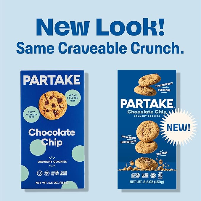 Gluten Free Partake Crunchy Chocolate Chip Cookies - Vegan - Free From the Top 9 Allergens Including Dairy, Wheat, Soy, Eggs, & Peanuts - Safe School & Office Snack (20 Packs, 0.67 oz)