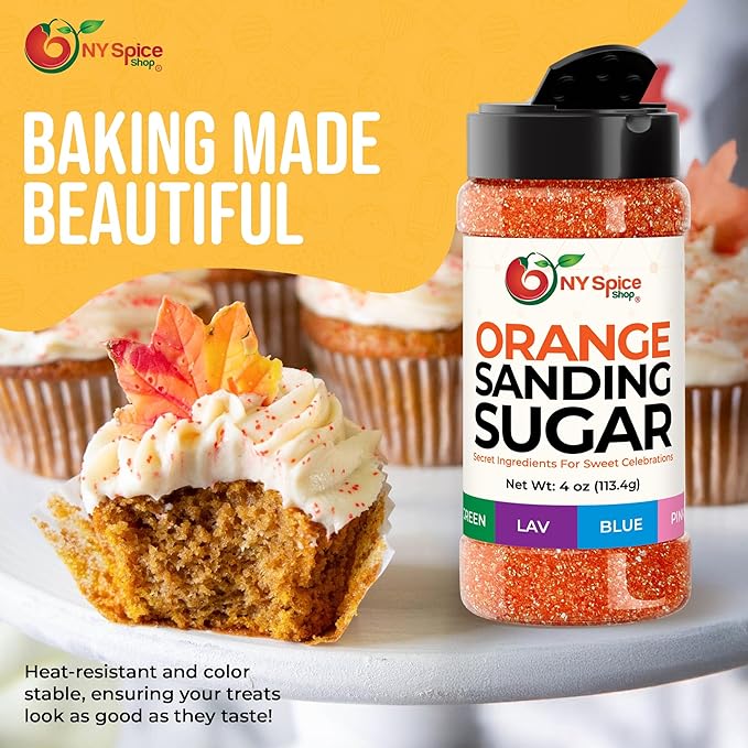 NY Spice Shop Orange Sanding Sugar - 4 Ounce Sweet Edible Sprinkles for Party Decoration, Cakes, Cupcakes, Cookies Toppings & Dessert Dishes - Colorful Sugar Sprinkles for Party Favors & Baking Treats