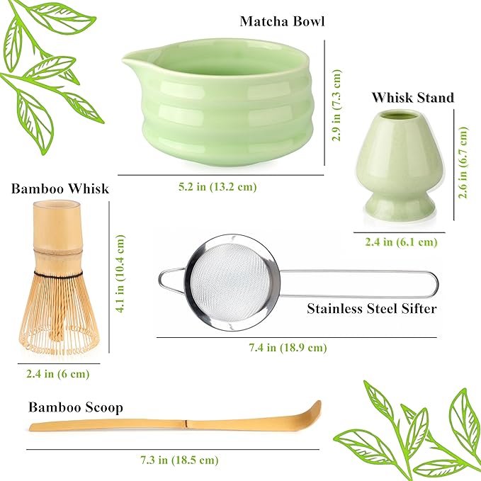 Matcha Whisk Set- Matcha Set includes Matcha Whisk and Bowl with Spout, Sifter, Holder and Scoop- The Perfect Bamboo Whisk for Matcha Tea (Green)