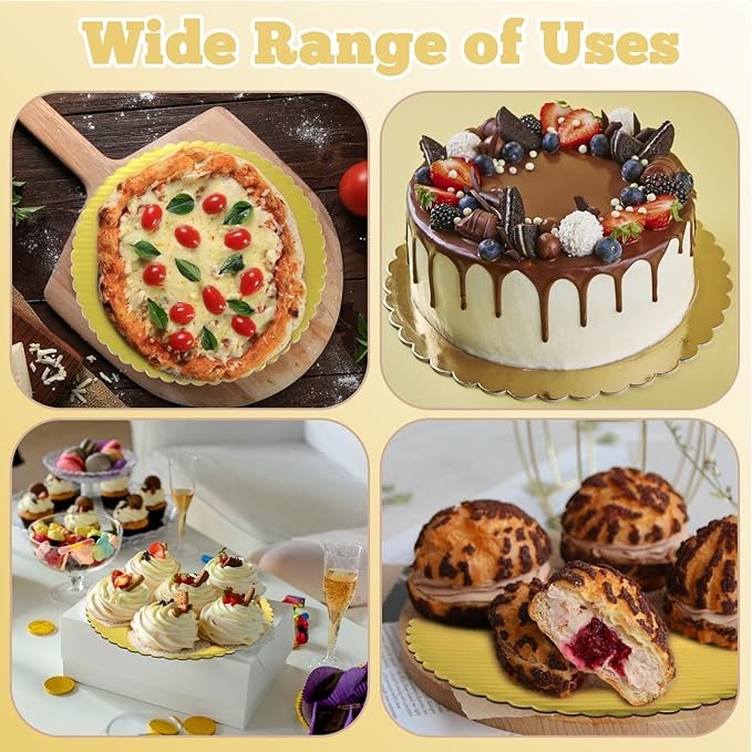 50 Pcs Gold Cake Boards 12 inch Round with Scalloped Edge Disposable Cake Base Cardboard Circles for Wedding, Birthday, Christmas Pizza Display