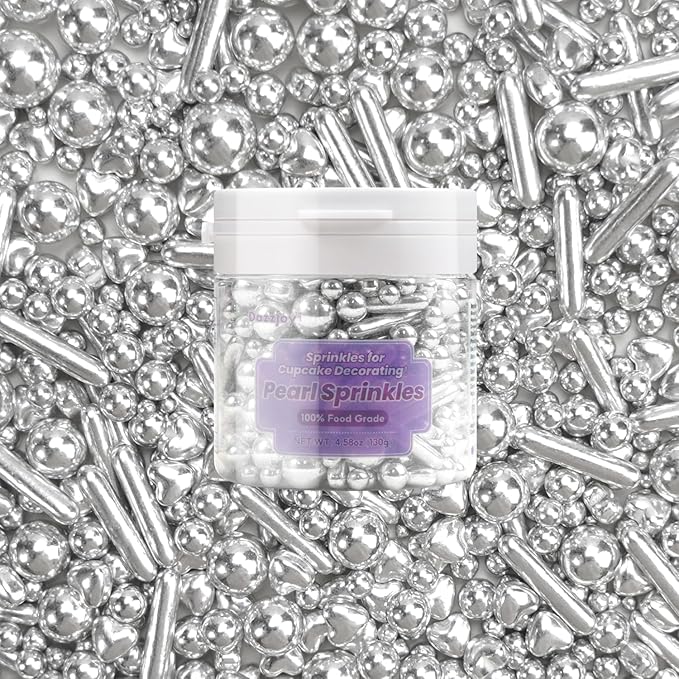 Edible Silver Pearl Heart Rods Sprinkles, Mix Size, Silver Pearl Sprinkles for cupcake decorating, Cupcake Toppers Cake Decorations, 130g/4.58oz