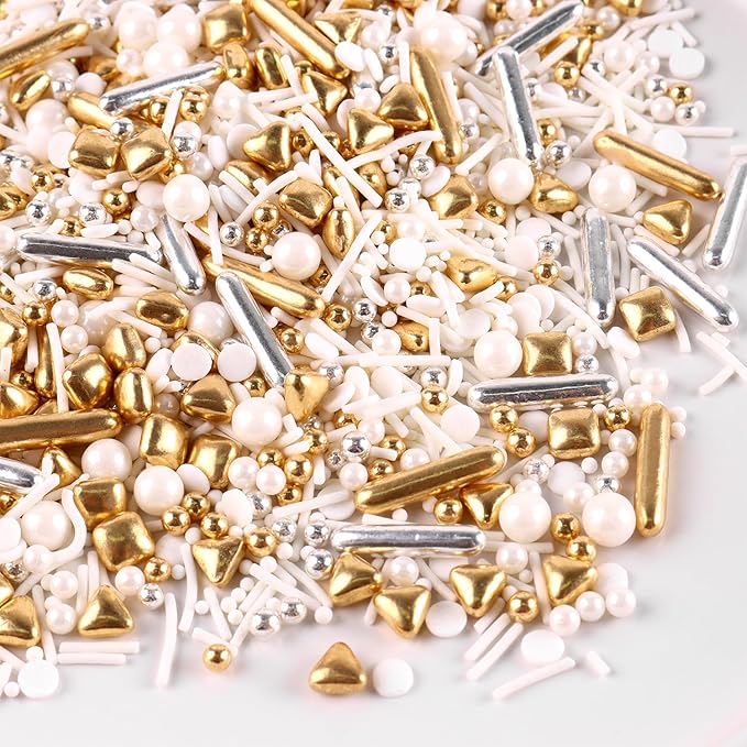 Gold Sprinkles for Cake Decorating 3.5 Ounces, Edible Gold White Silver Sprinkles for Cupcake Topper, Cookiess, Perfect for Wedding, New Year’S Eve Party