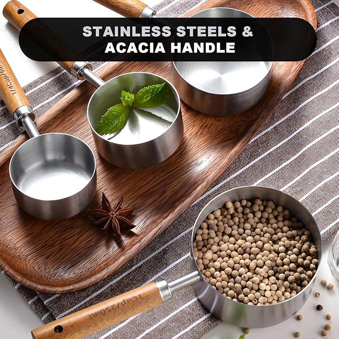 SHIKORI Gold Measuring Cups and Spoons Set with Wood Handles, Premium Stainless Steel Measuring Spoons and Measuring Cups Set, For Cooking and Baking in the Kitchen-Silver-4Cups