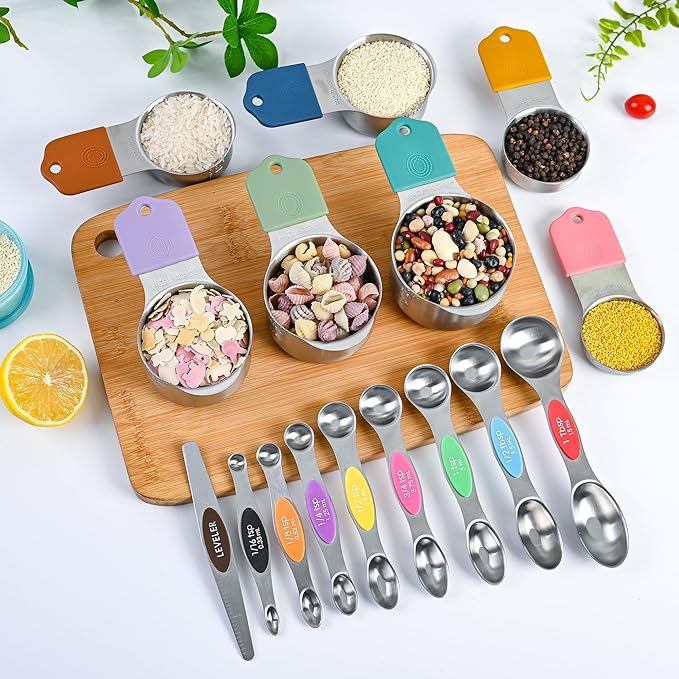 Smithcraft Measuring Cups and Spoons Set 16, Metric & US Stainless Steel Magnetic Measuring Cups and Spoons Set for Baking & Kitchen, Dry & Liquid Metal Measure Cups & Spoons with Leveler