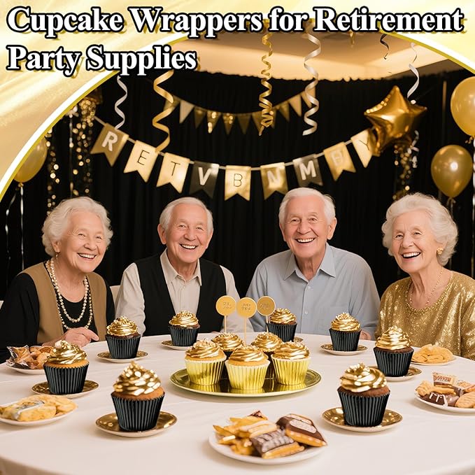 200PCS Black and Gold Cupcake Liners Mini Muffin Baking Cups Wrappers for Retirement Birthday Party Supplies Disposable Cupcake Papers for Black Golden Masquerade Party Decorations