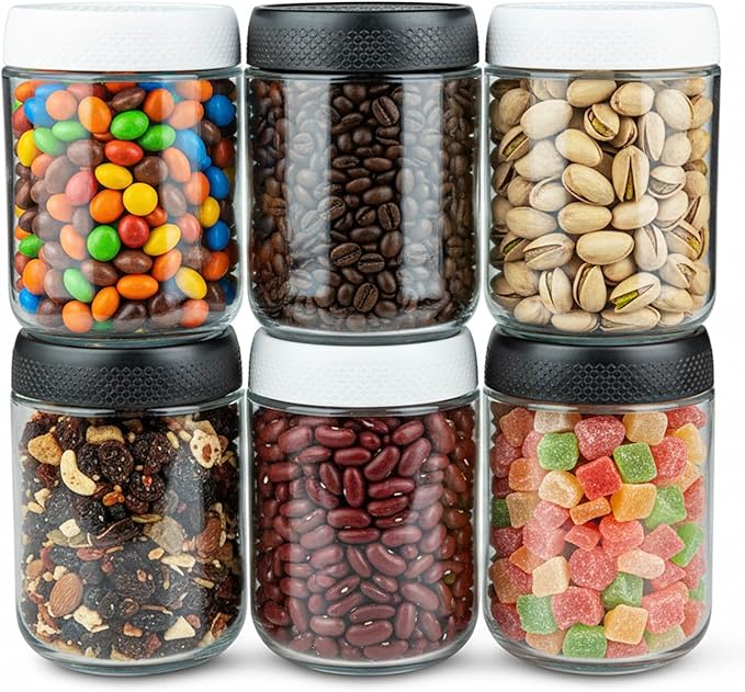 C&O ESSENTIALS 16 oz Glass Mason Jars with Airtight Lids - Wide Mouth Canning Jars for Food Storage, Meal Prep, Overnight Oats, Preserving, Pickling (6-Pack) (Black & White - Checkerboard)