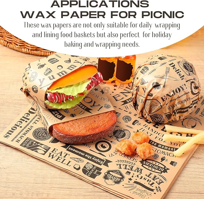 Outus 600 Pcs 10 x 10 Inch Deli Wax Paper Sheets Grease Resistant Tray Basket Liners Newsprint Paper Water and Grease Proof Sandwich Wrapping Square Hot Dog Wrappers for Food Baking (Brown)