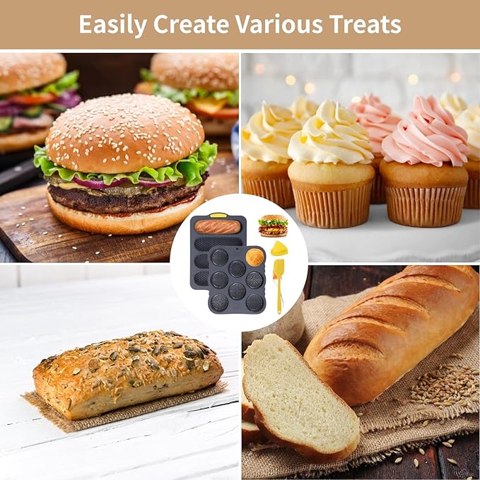 Set of 5 Hamburger Bun Pans for Baking, 4/8-Cup Hamburger Bun Mold, Silicone French Bread Baking Pan with Brush, Spatula, and Grab Glove, Nonstick Perforated Baking Pans