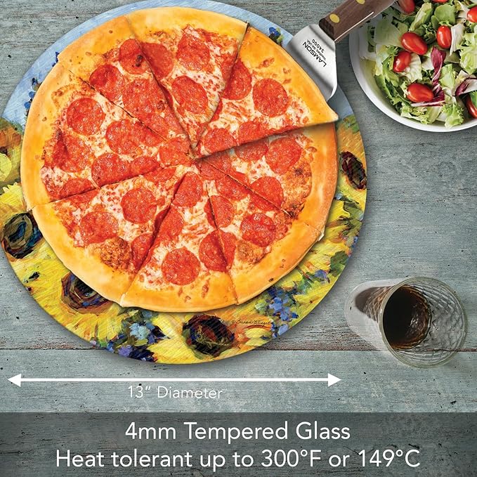 CounterArt Sunflower Gallery 4mm Tempered Glass Lazy Susan Turntable 13" Diameter Condiment Caddy Cake Plate Pizza Server