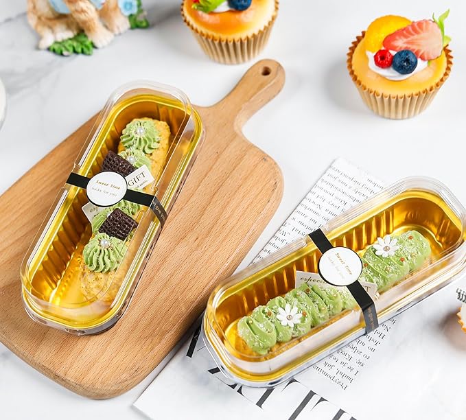 100 Pack Mini Cake Pans with Lids and Spoons Black Gold Rectangular Aluminum Foil Baking Pans Mini Cheesecake Containers(6.8oz)