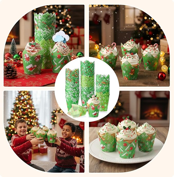 500 Counts Christmas Tulip Cupcake Liners Birthday Party Muffin Cupcake Baking Liners Grease Proof Cake Liner Holders for Fall Christmas Halloween Birthday Party