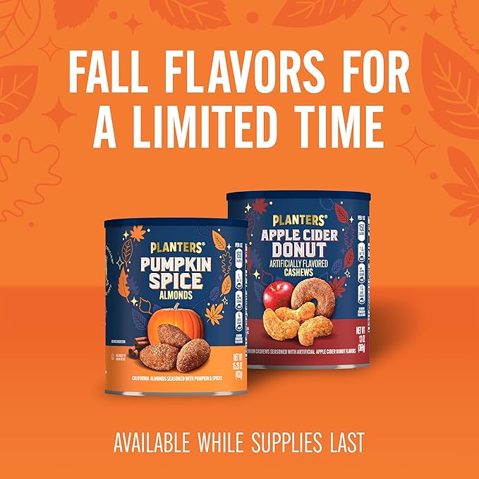 PLANTERS Fall Edition Pumpkin Spice Almonds, Pumpkin Spice Snacks, Cooking & Baking Nuts & Seeds, Flavored Almonds, Seasonal Nuts, Fall Party Snacks, Plant-Based Protein, 15.25 oz Canister