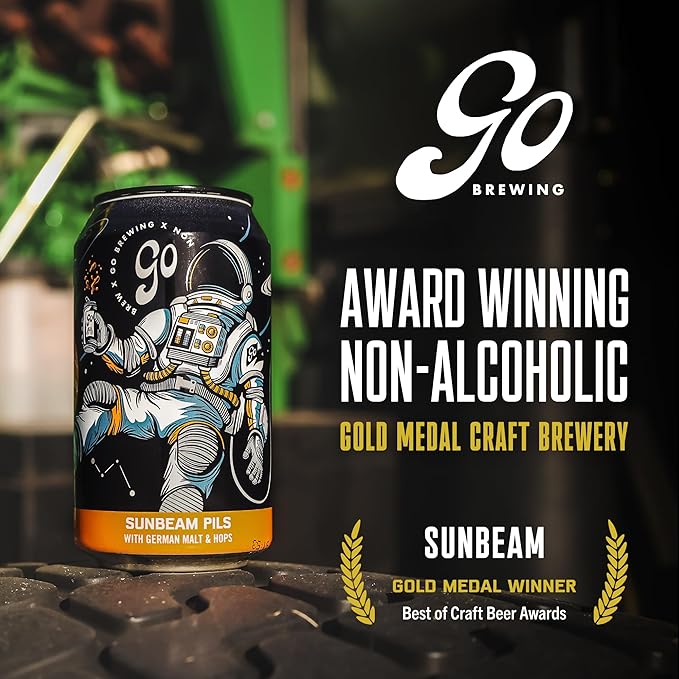 Go Brewing Non-Alcoholic Beer - Small Batch, Low-Calorie Brew - Fresh, Light, and Floral Profile - Bold & Smooth Finish Craft Beer - Classic Ingredients - Suspended in a Sunbeam Pils (12 Oz, 12 Cans)