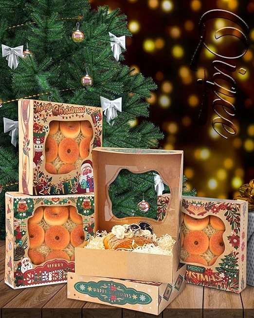 qiqee Christmas Kraft Cookie Boxes with Window 12packs 8x8x2.5 Inch Bakery Box Pastry Box for Christmas