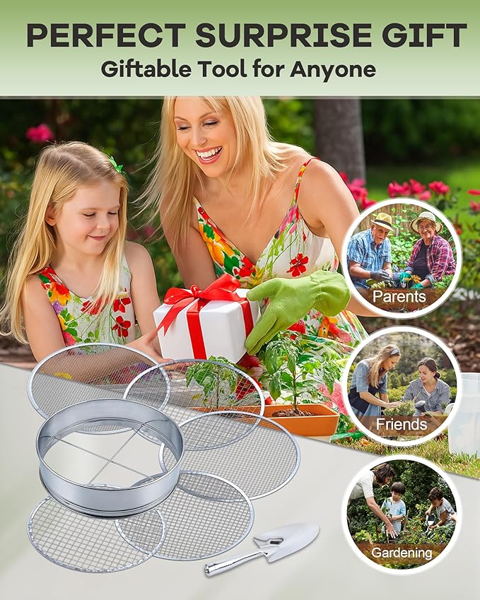 5-in-1 Soil Sifter Set with 5 Replaceable Stainless Steel Mesh Screen & Shovel (1/8" to 1/2"), Soil Sifter for Soils, Compost, Bonsai, Cat Litter and More(11-5/8" Diameter)