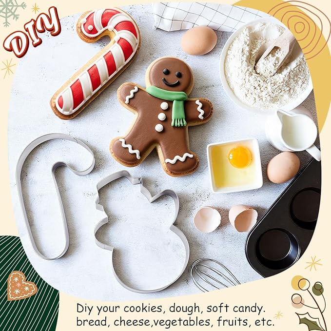 6 Pcs Large Christmas Cookie Cutters 8" Stainless Steel Metal Cookie Baking Cutter for Holiday, Xmas Tree, Snowman, Gingerbread Men, Gnome, Candy Cane, Snowflake