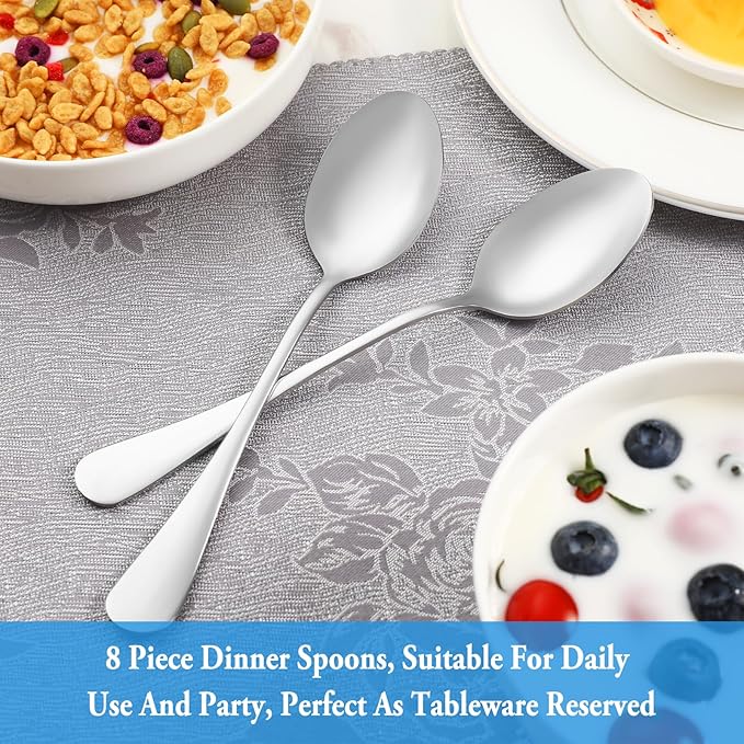 8 Pcs Tablespoon Spoon Set, Premium Food Grade Stainless Steel Spoons, Serving Tablespoons, Mirror Finish & Dishwasher Safe,Use for Home,Kitchen and Restaurant - 7.3 inch
