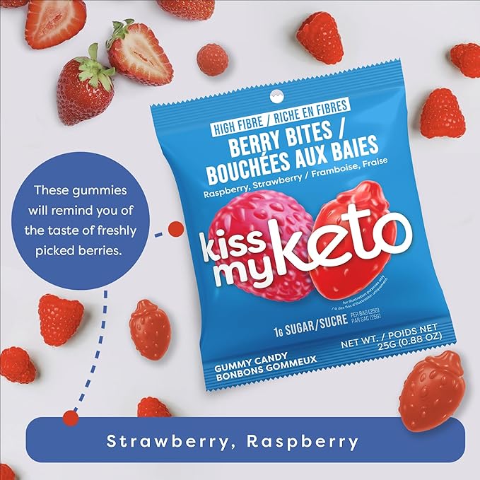 Kiss My Keto Sugar Free Gummies, Berry Bites 32-Pack – Satisfy Cravings while Staying in Ketosis – High Fiber, 7g Net Carbs, Non-GMO, Vegan, & Gluten-Free – Low-Calorie Vegan Candy