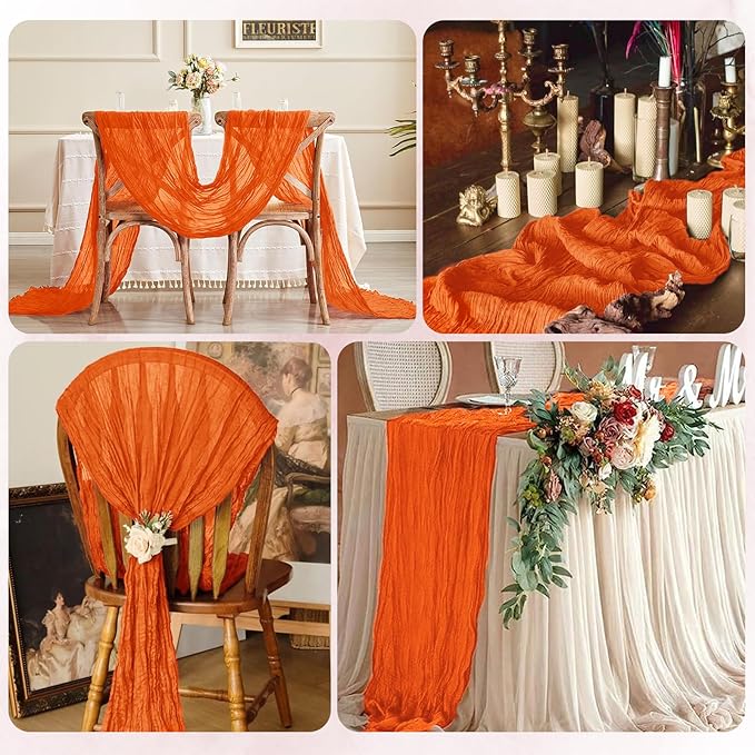 12 Pack Orange Cheesecloth Table Runner 17x108 Inch Semi Sheer Boho Gauze Cheese Cloth Fabric Table Runners, for Wedding Party Baby Shower Birthday Home Decor Garden Farmhouse