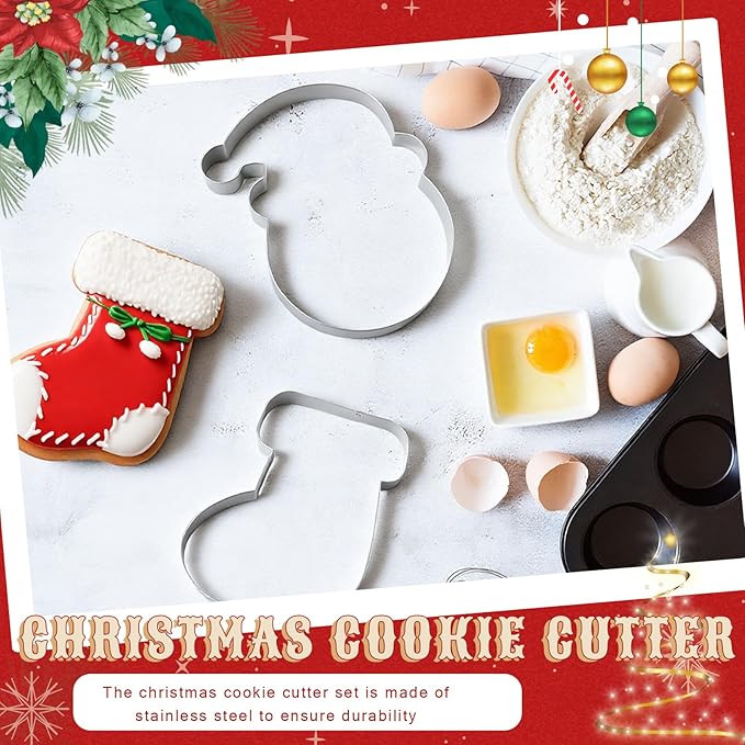 2 Pcs Extra Large Christmas Cookie Cutters 8" Giant Stocking and Santa Claus Stainless Steel Cookie Cutters for Winter Holiday Baking