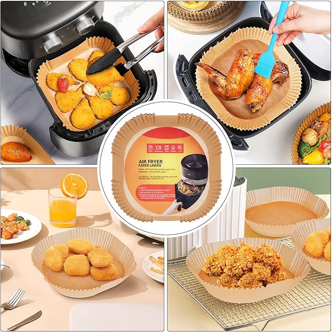 Air Fryer Liners Disposable 7.9โ Square Airfryer Liners, 100 Pcs Air Fryer Parchment Paper Liners, Non-Stick airfryer paper liners, Air Fryer Cheat Sheet Magnets Over 200 Foods (Air Fryer Accessories)