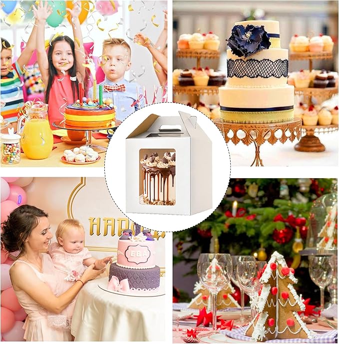 3 Pack Tall Cake Boxes for Tier Cakes,10x10x10 Inches Large Tiered Cake Carriers with Windows,8in 10in Layer Cake Box,Disposable Layer Tall Baking boxes with Handle