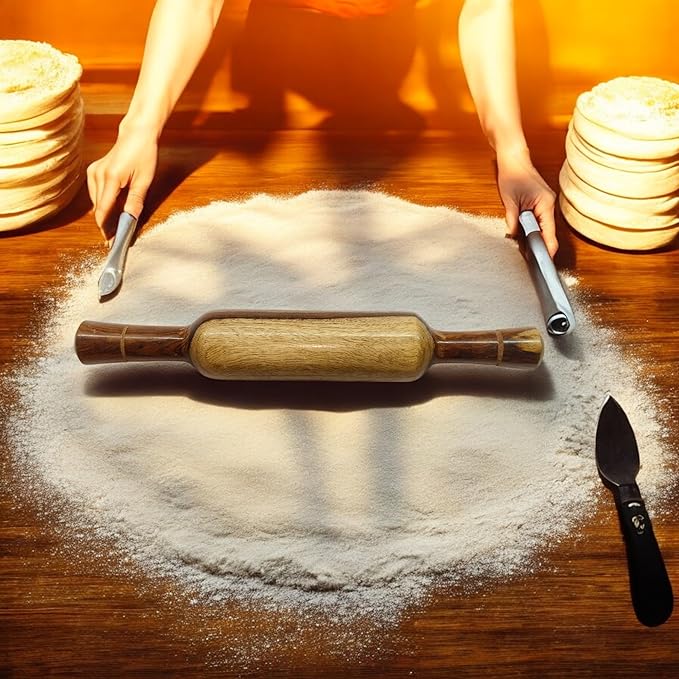 Natural Wooden Non-Stick Rolling Pin for Baking – Perfect for Pie, Cookies,Fondant, PIzza, Pastry Dumpling & Roti-Poori | Classic Belan for Dough Rolling | Thanksgiving Kitchen Gift - 13 Inches