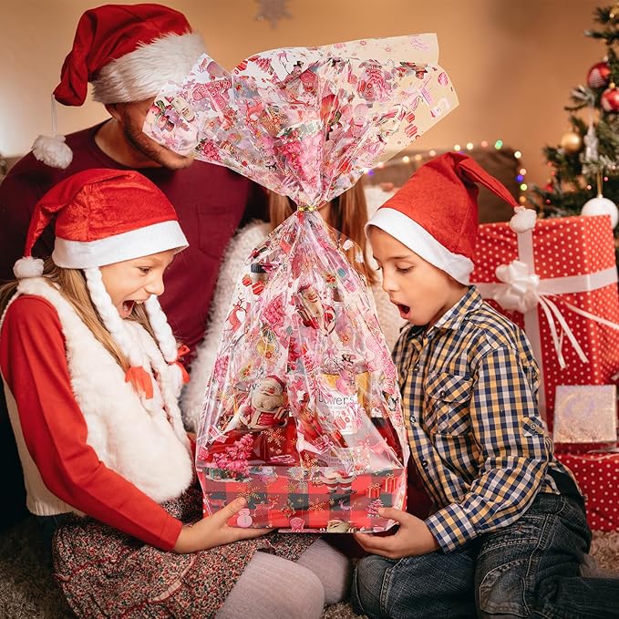 Kolewo4ever 100 Ft X 32 inch Pink Christmas Cellophane Wrap Roll Vintage Xmas Cellophane Wrap with Special Santa Claus Elk Xmas Tree for Christmas Gift Basket,Treat Wine