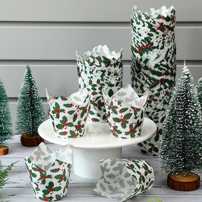 Uiifan 200 Pcs Holly Christmas Tulip Cupcake Liners Christmas Cupcake Wrappers Holly Muffin Liners Holders Tulip Wrappers for Party Decoration